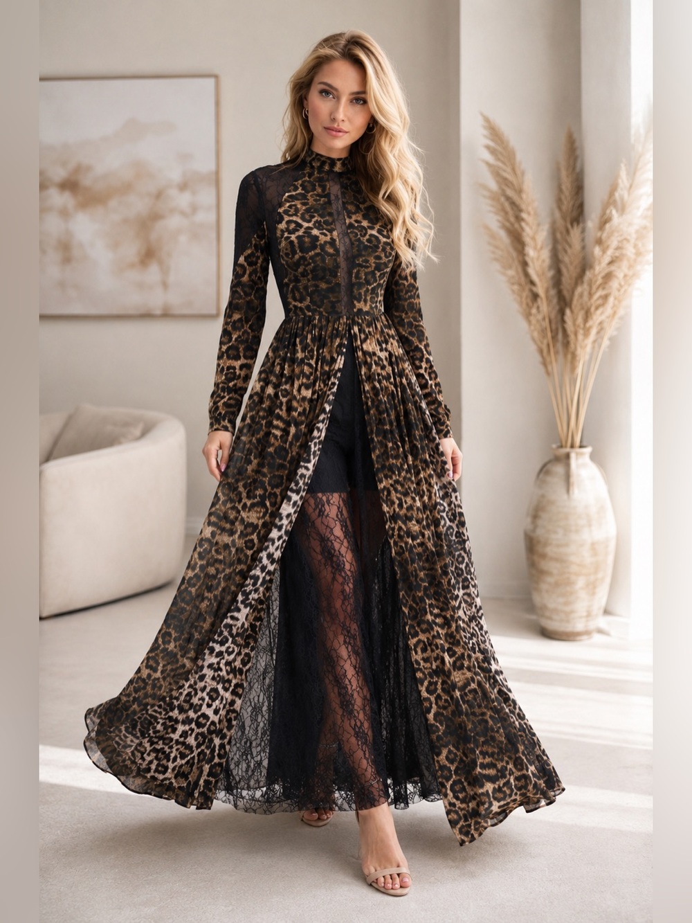 VENUS Leopard Lace Layered Maxi Dress Open Back US 4 NWOT